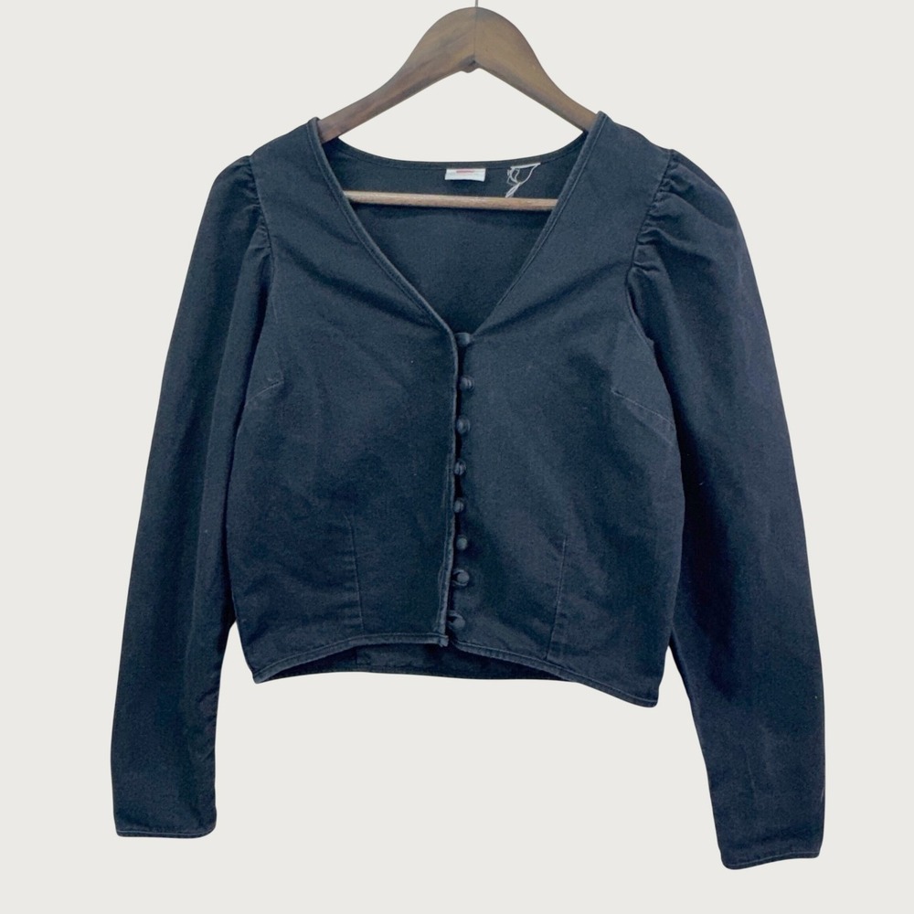 Levi's Denim Puff Sleeve Top Small Black Button Front Cropped Victorian Western